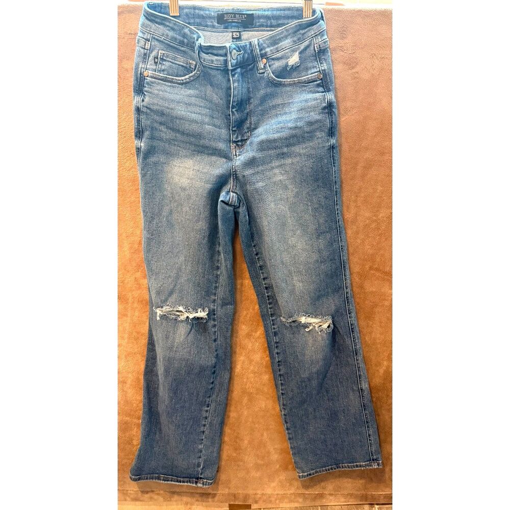 Judy Blue High Waist Straight Leg Jeans Distressed Knee 90s Medium Wash 9/29